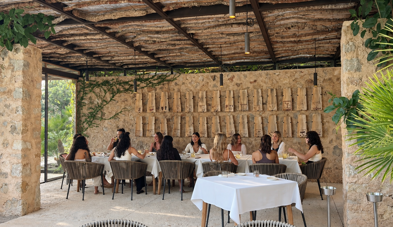 Group of women dining together under a pergola during a private retreat in Mallorca