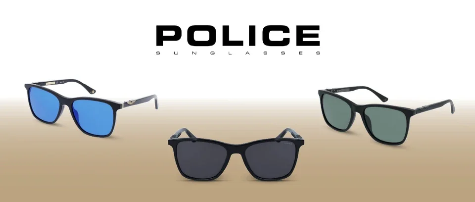 Display of three pairs of police sunglasses with different tinted lenses on a gradient background, with the word "POLICE" and "SUNGLASSES" above.