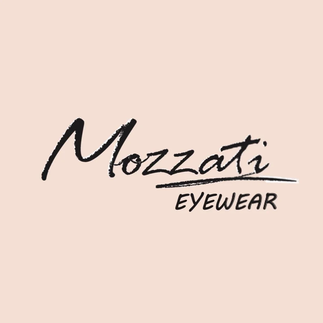 Logo for Mozzati Eyewear with cursive text on light pink background.