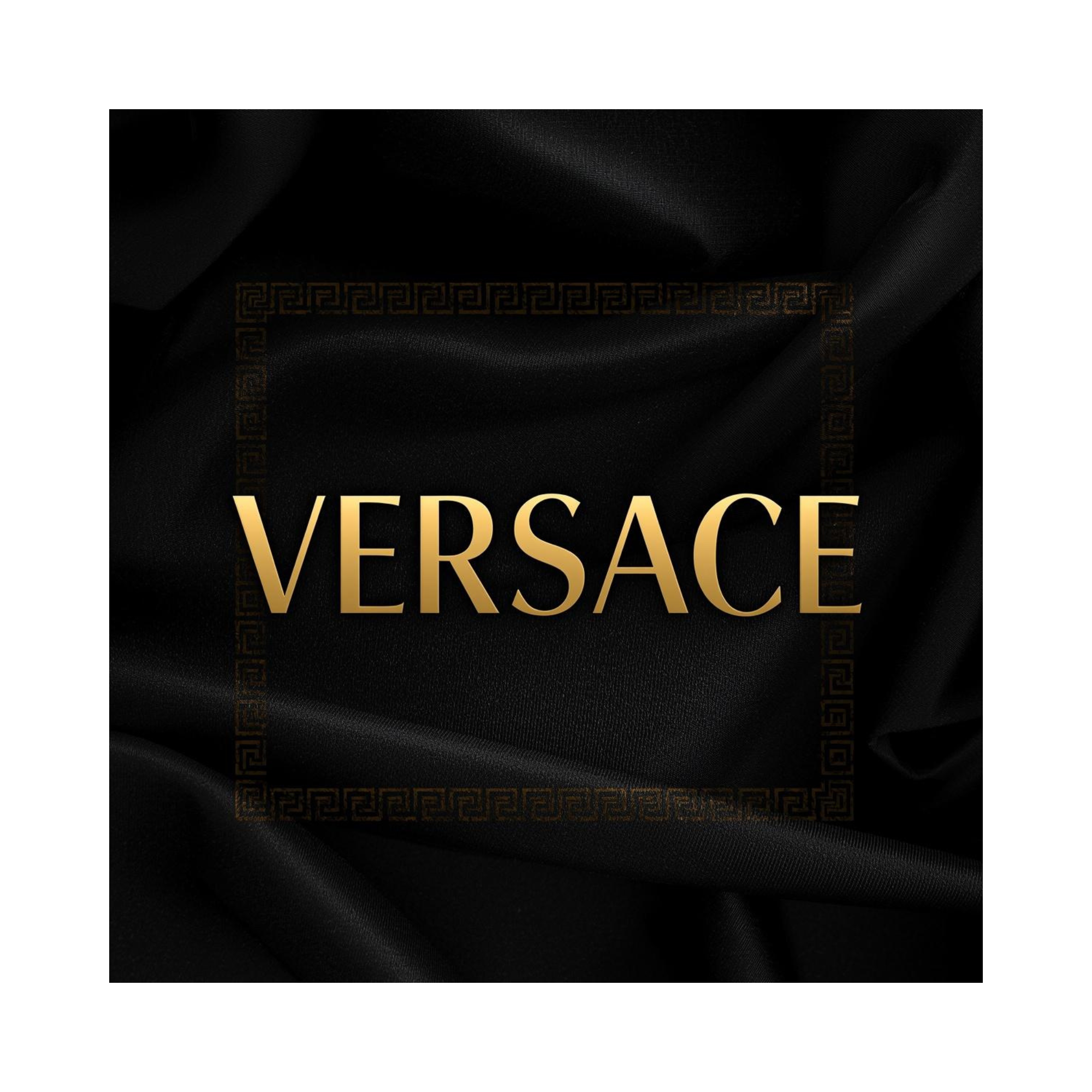 Versace logo with gold lettering on a black satin fabric background.