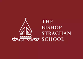 Logo for The Bishop Strachan School featuring a stylized church steeple and cross with water waves below