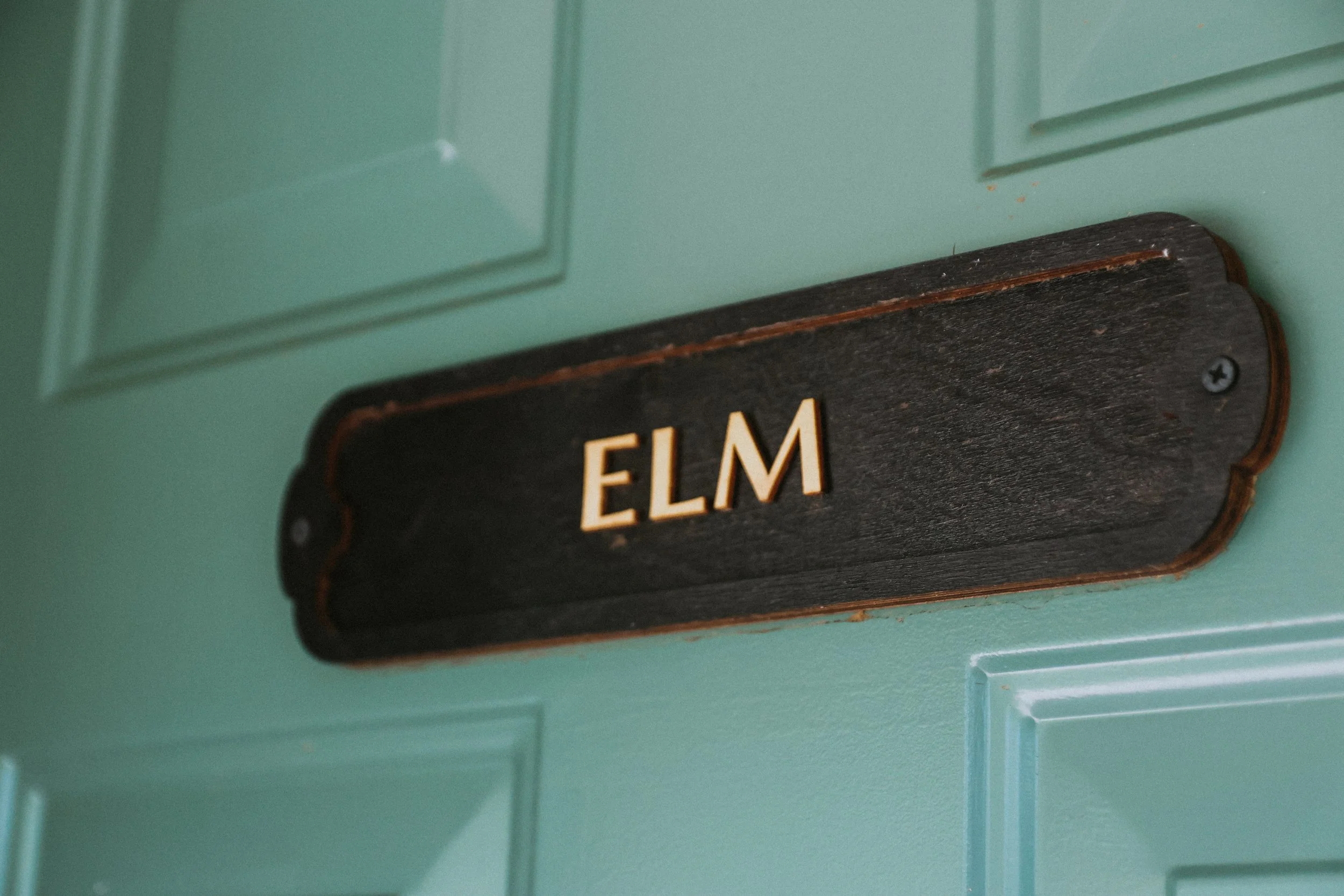 A black wooden door sign with white letters that read "ELM" against a turquoise door.