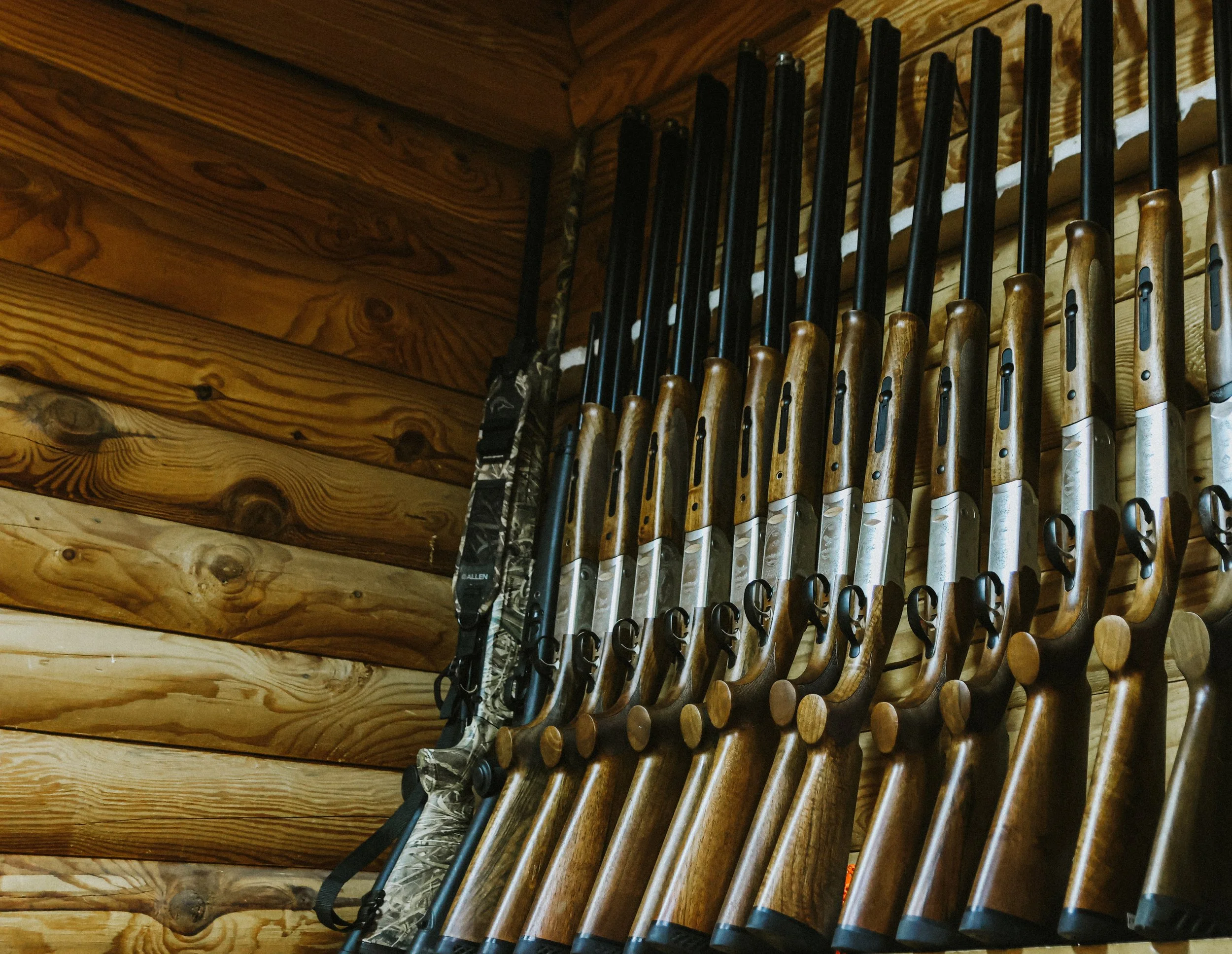 A collection of rifles with wooden stocks leaning against a log wall in a rustic setting.