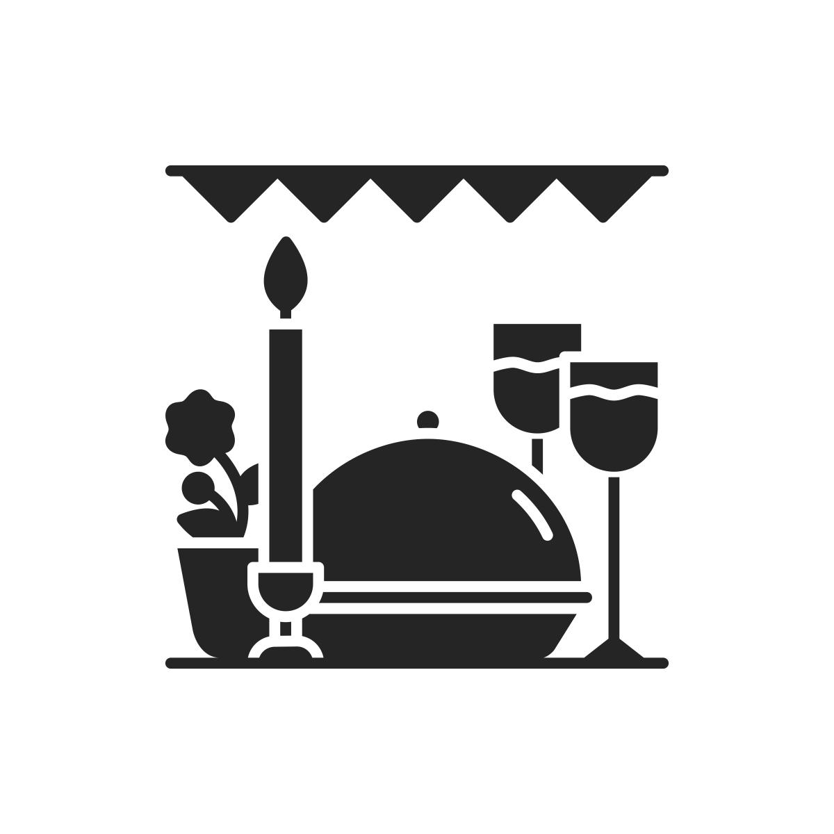 A table with a covered dish, two glasses of wine, a candle, and a potted plant with flowers, decorated with a canopy overhead.