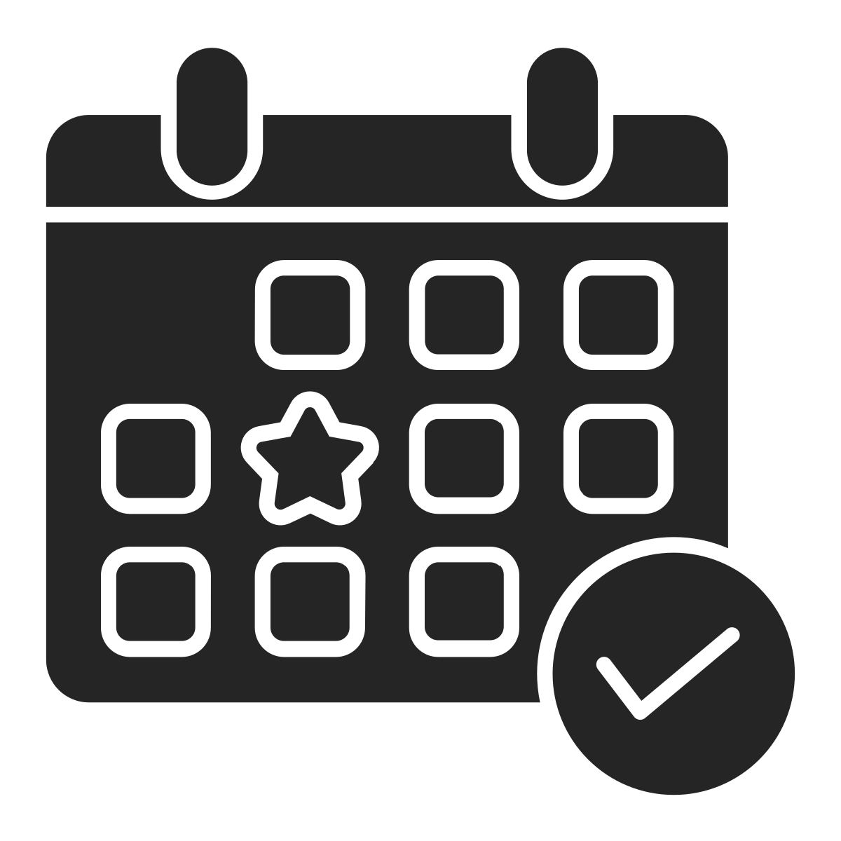 Calendar with star mark on a specific date and a checkmark icon.