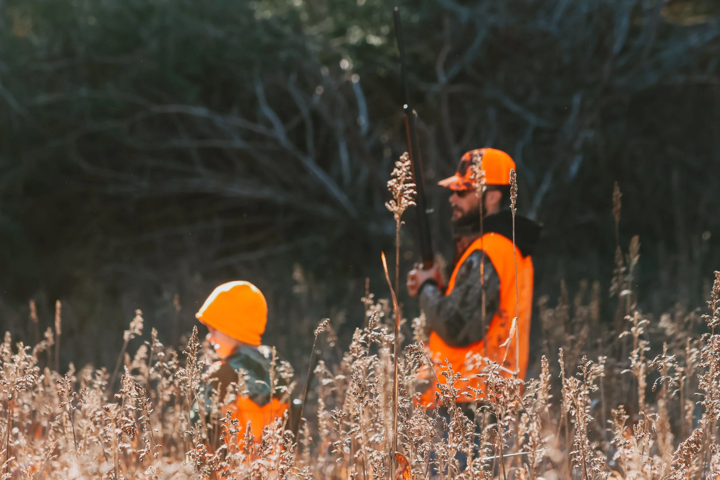 A man and a young child in bright orange hunting gear, including hats and vests, are walking through a field of tall, dried grass in a forested area.