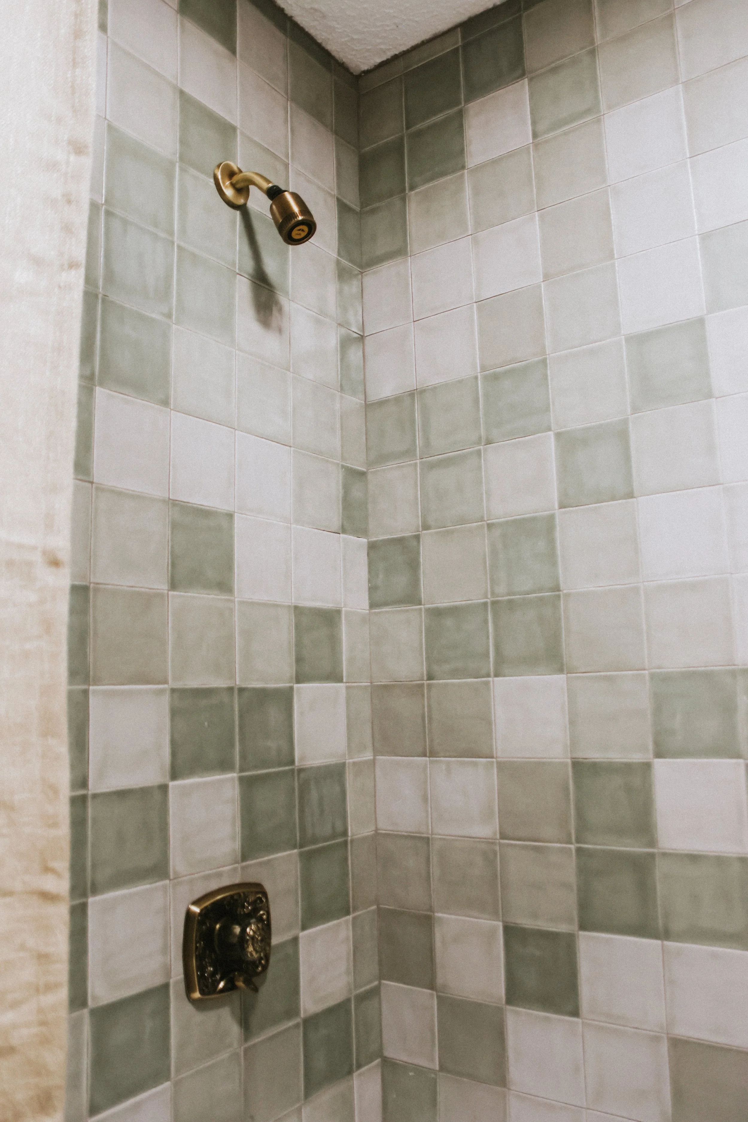 Close-up of a shower interior with green and white tiled walls, a brass showerhead, and a vintage brass control handle.