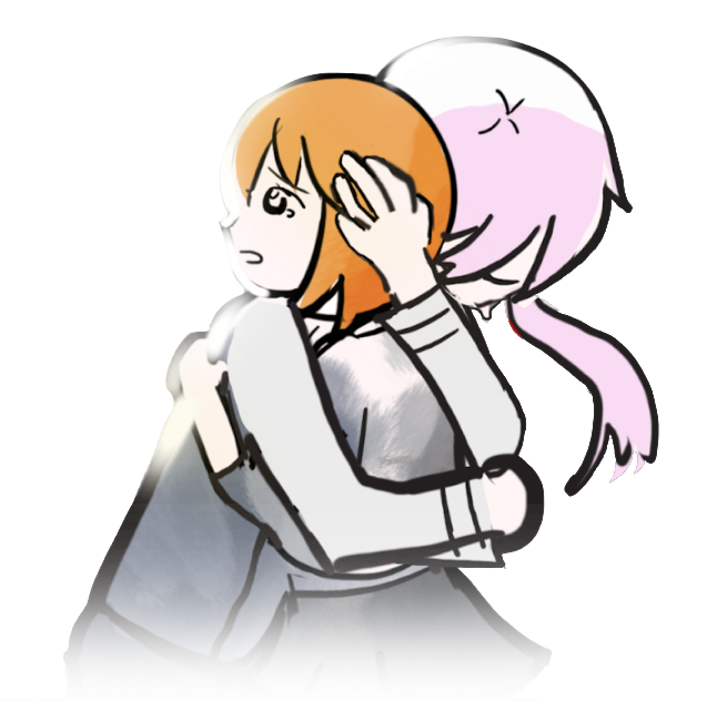 Two anime-style girls hugging, one with orange hair and the other with lavender hair, in a comforting embrace.