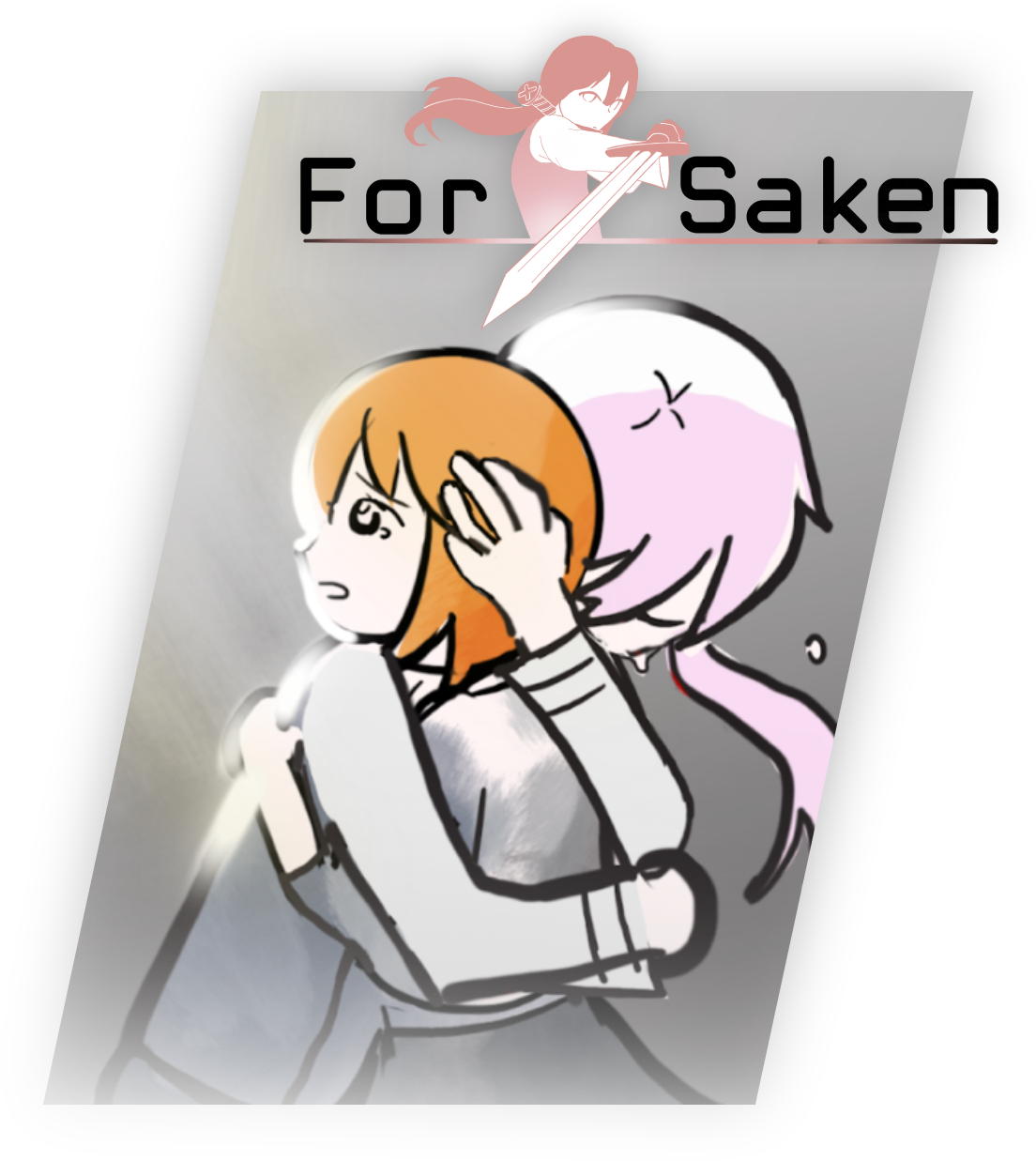 Anime-style illustration of two girls hugging, one with orange hair and the other with white hair, with the text 'ForSaken' and a small character with a sword at the top.