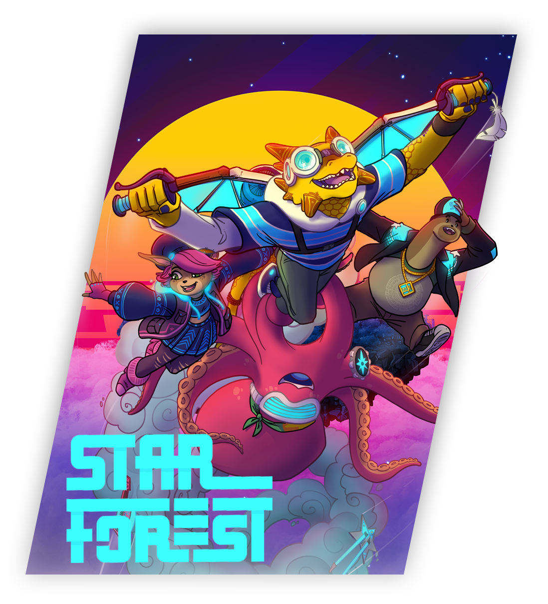 Colorful digital illustration of three animated characters flying on a pink octopus against a sunset with clouds and stars, with the text 'Star Forest' in bright neon colors at the bottom.