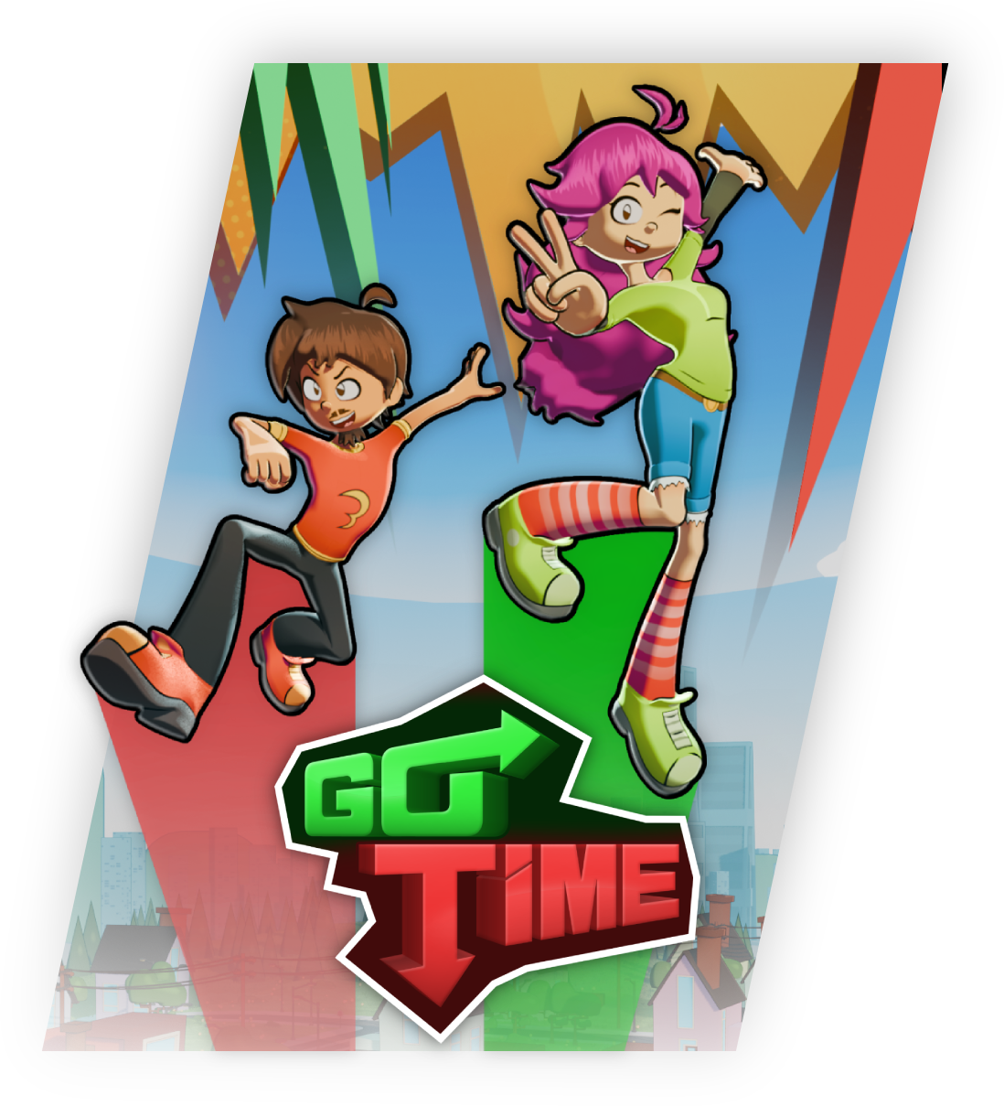 Colorful cartoon illustration of two kids jumping with excitement, one girl with pink hair making a peace sign, and one boy with brown hair, in front of a background with an upward green arrow and the words "Go Time" in bold red and green letters.
