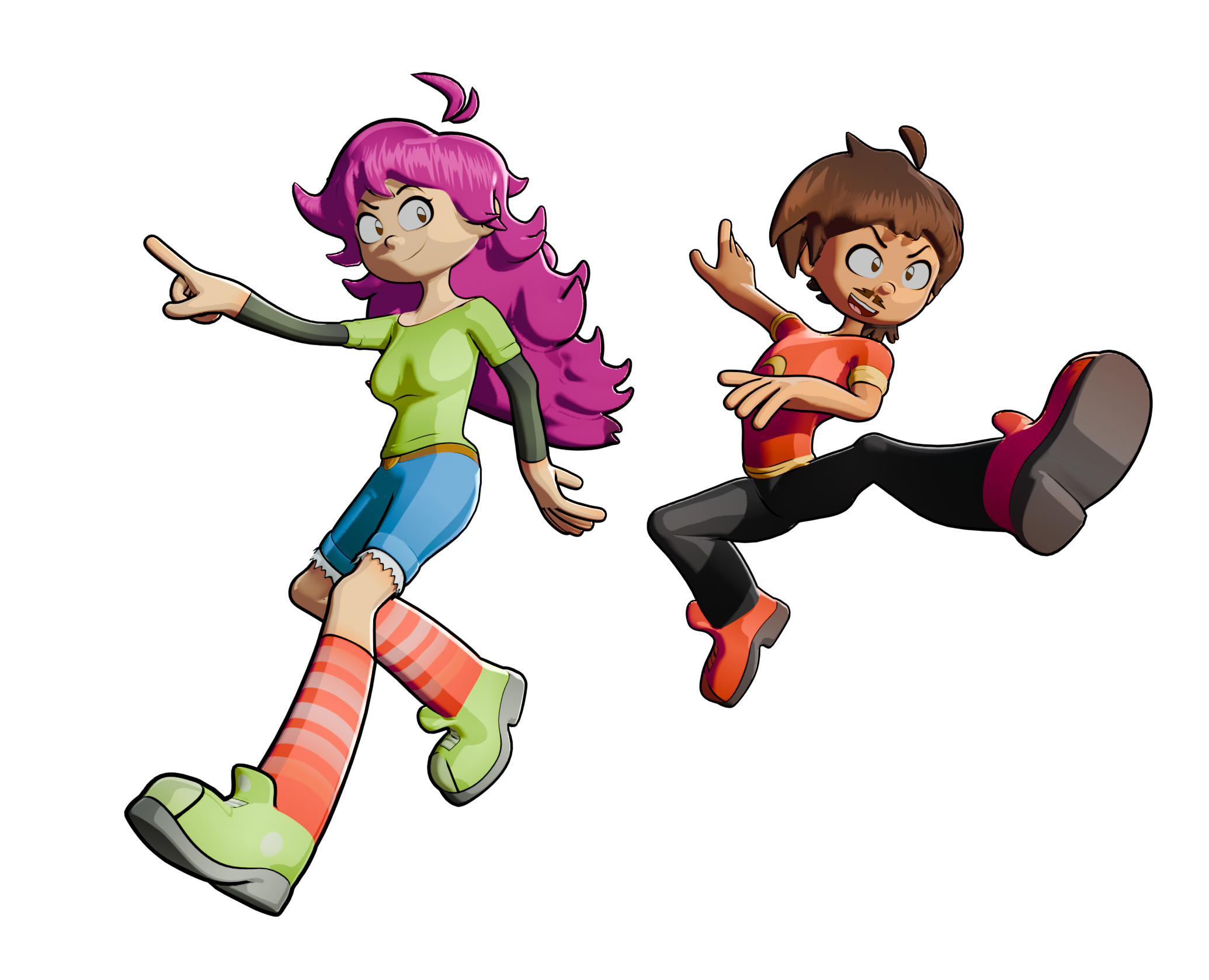 Two animated children dancing against a black background, one girl with pink hair and green clothing, one boy with brown hair and an orange shirt.