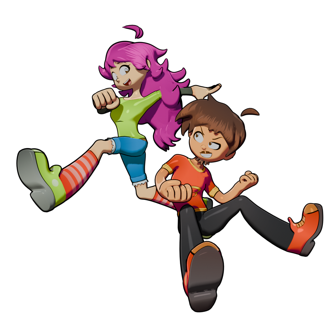 Animated cartoon girl with long pink hair in a green shirt and blue shorts, and boy with brown hair in an orange shirt and black pants, flying together against a black background.