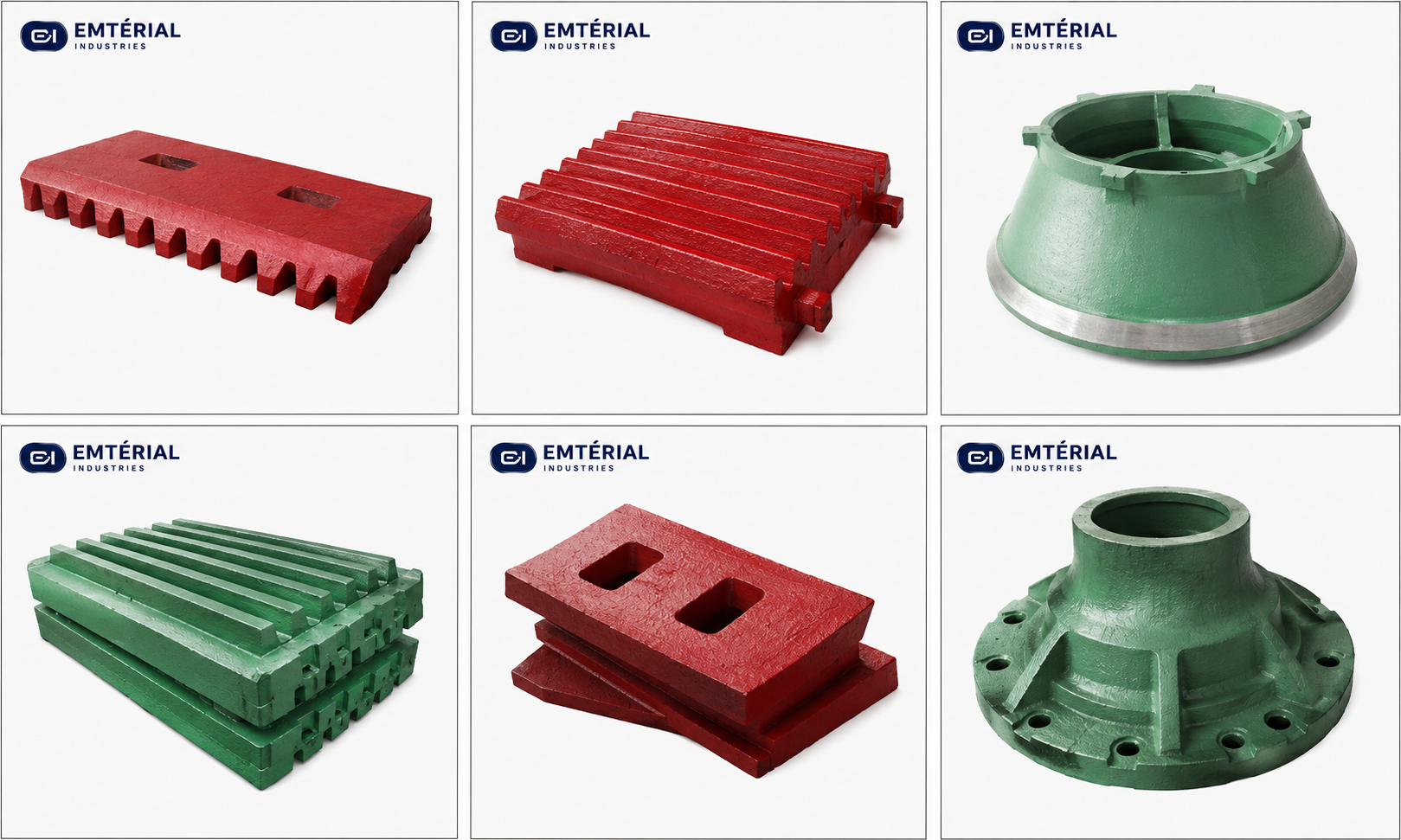 Emterial supplies premium crusher wear parts — hi-chrome, manganese & martensitic steel castings including anvils, impellers, blow bars & hammers. Worldwide delivery