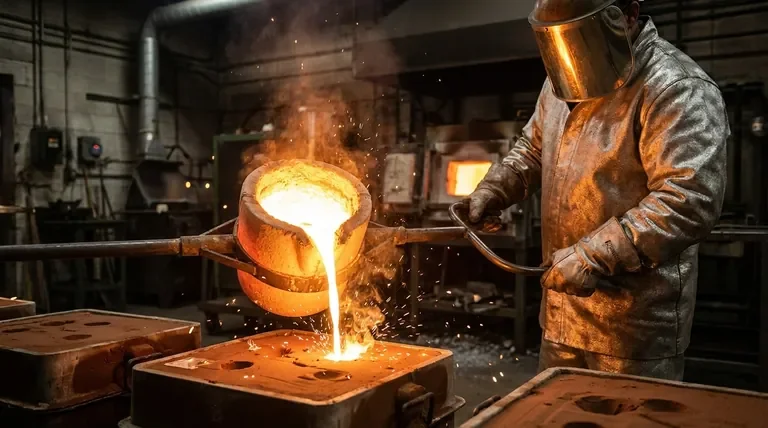 A blacksmith pouring molten metal from a crucible into a mold in a workshop.