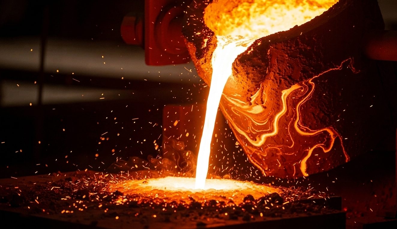 Molten metal pouring from a crucible in a foundry setting, with sparks flying.
