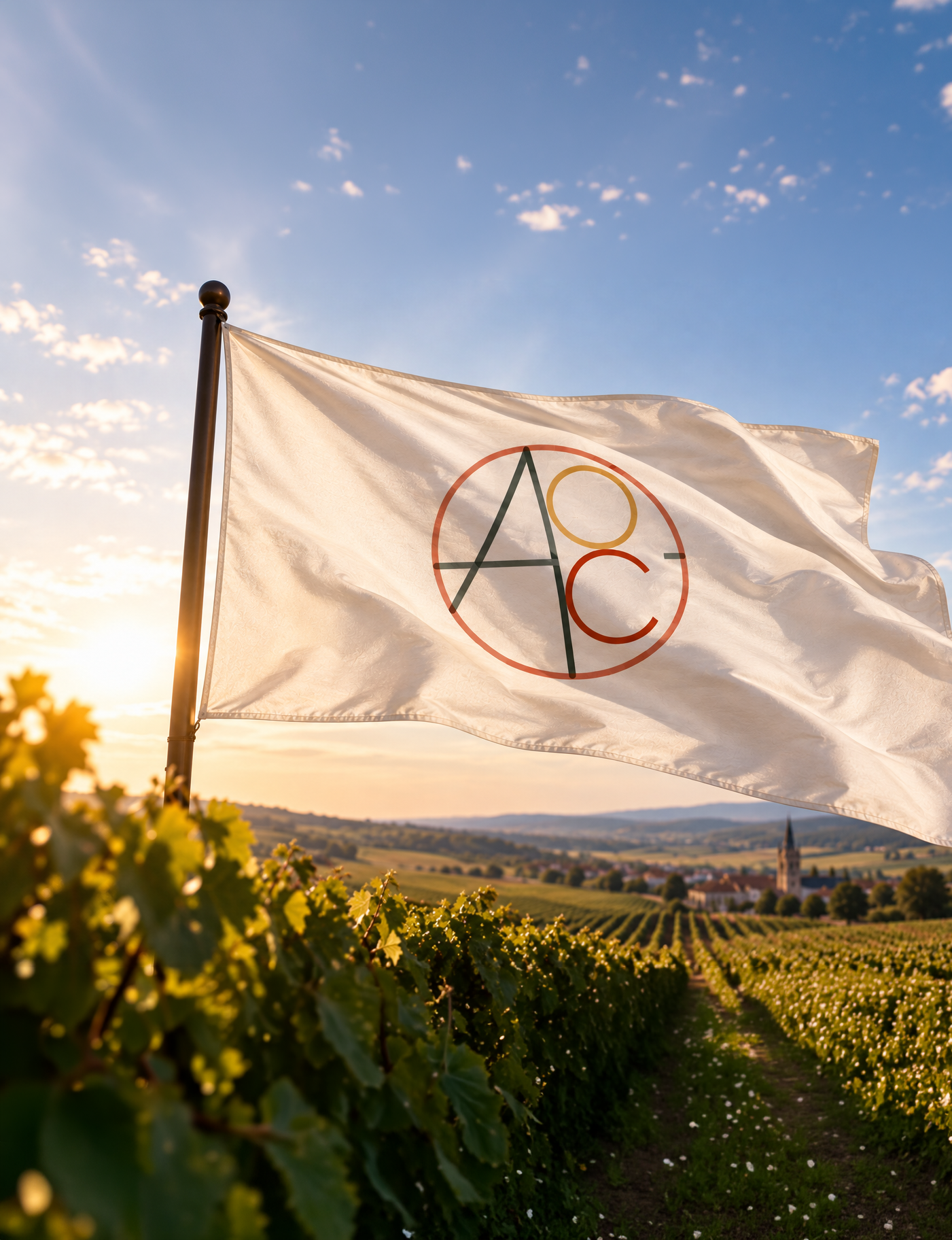 Drapeau blanc dans un vignoble avec logo 'AOC' coloré, soleil couchant dans un paysage rural.