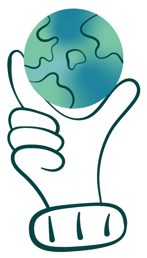 A cartoon drawing of a hand holding a small globe of the Earth, with a white outline around the hand and globe.