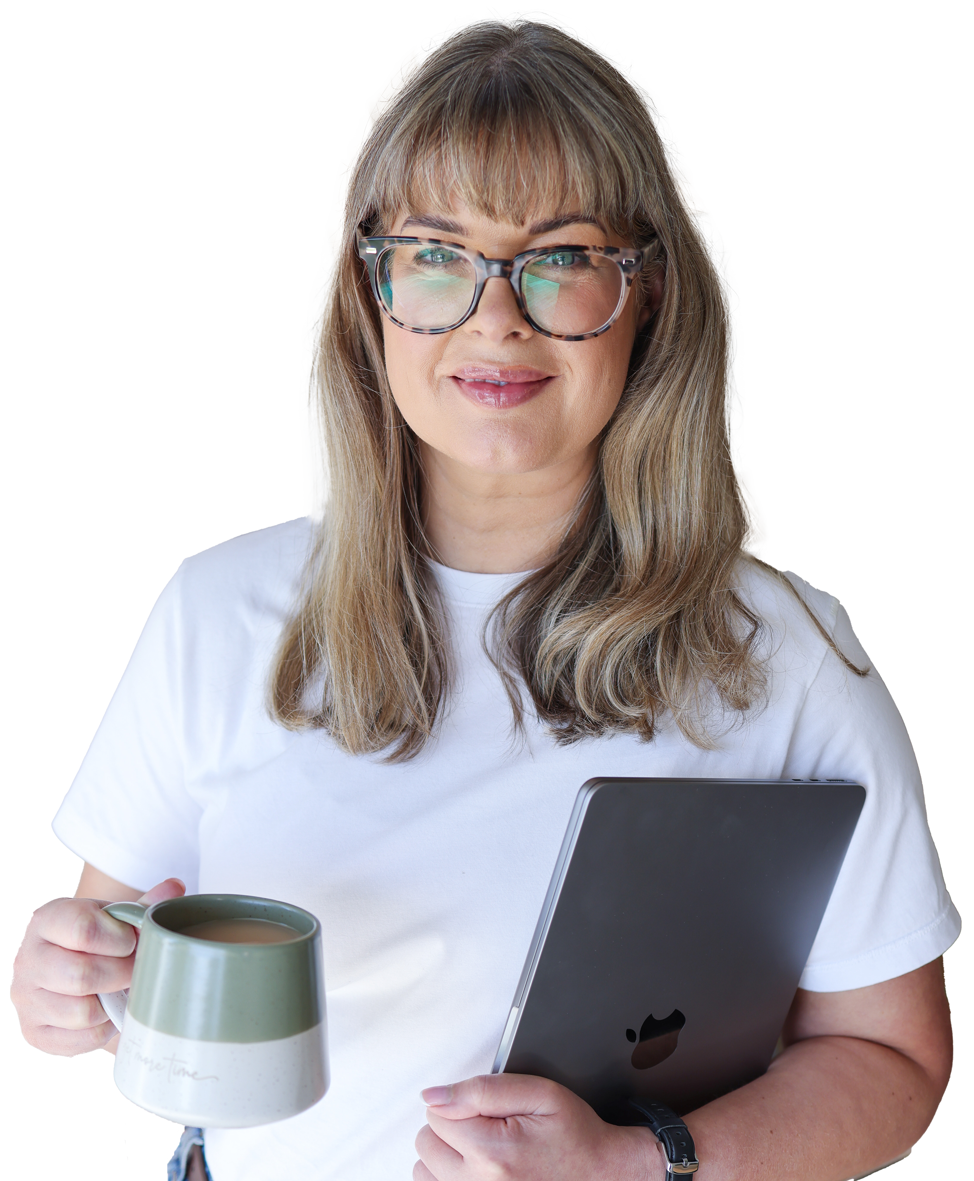 A woman with glasses holding a cup of coffee in one hand and a tablet in the other, smiling at the camera.