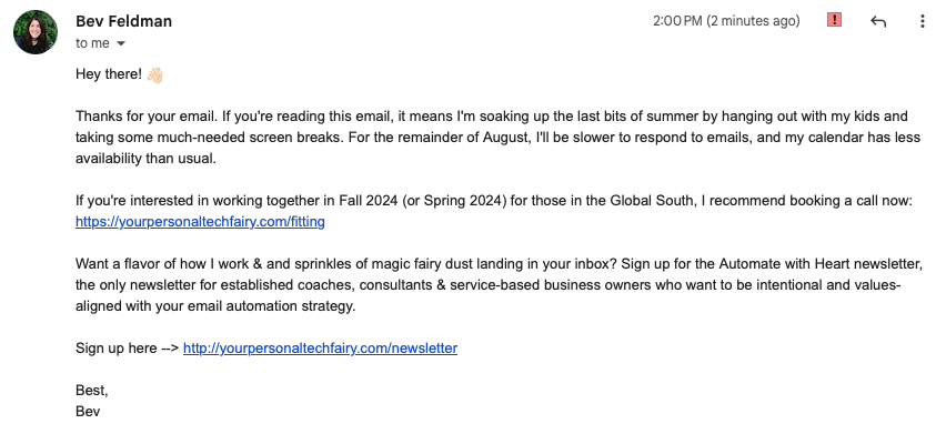 summer holiday vacation email auto responder by Bev Feldman