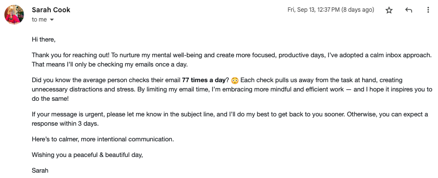calm inbox auto responder by Sarah cook