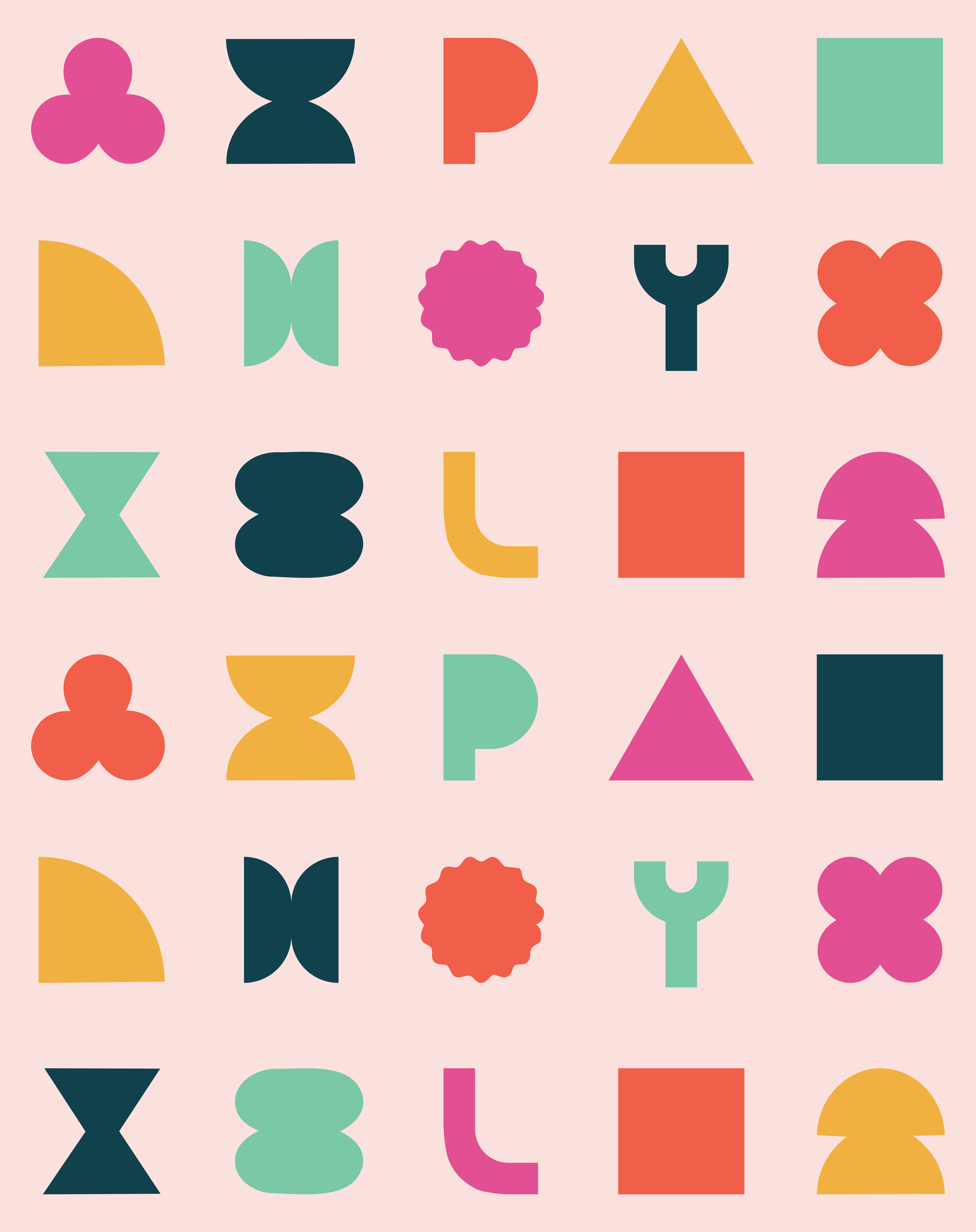 A colorful geometric pattern featuring various shapes like circles, squares, triangles, and abstract shapes in colors pink, dark blue, orange, yellow, and mint green on a light pink background.