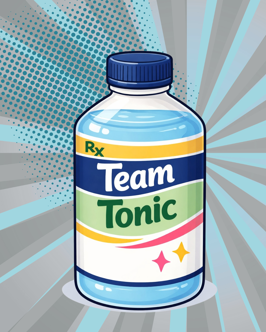 A digitally illustrated bottle of Team Tonic medication with a blue cap, yellow, blue, green, pink, and white label with stars, set against a comic-style background with rays and halftone dots.