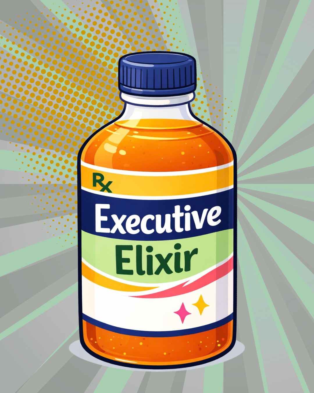 A cartoon-style bottle labeled 'Executive Elixir' with a blue cap, set against a vibrant, comic-style background.