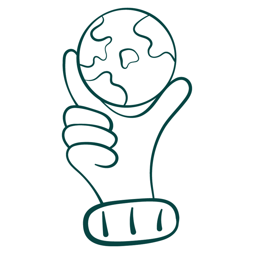 Line drawing of a hand holding a globe representing the Earth.