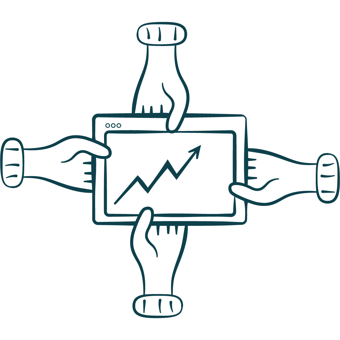 Four hands holding a digital tablet with a rising arrow graph, surrounded by a beaker and lab equipment.