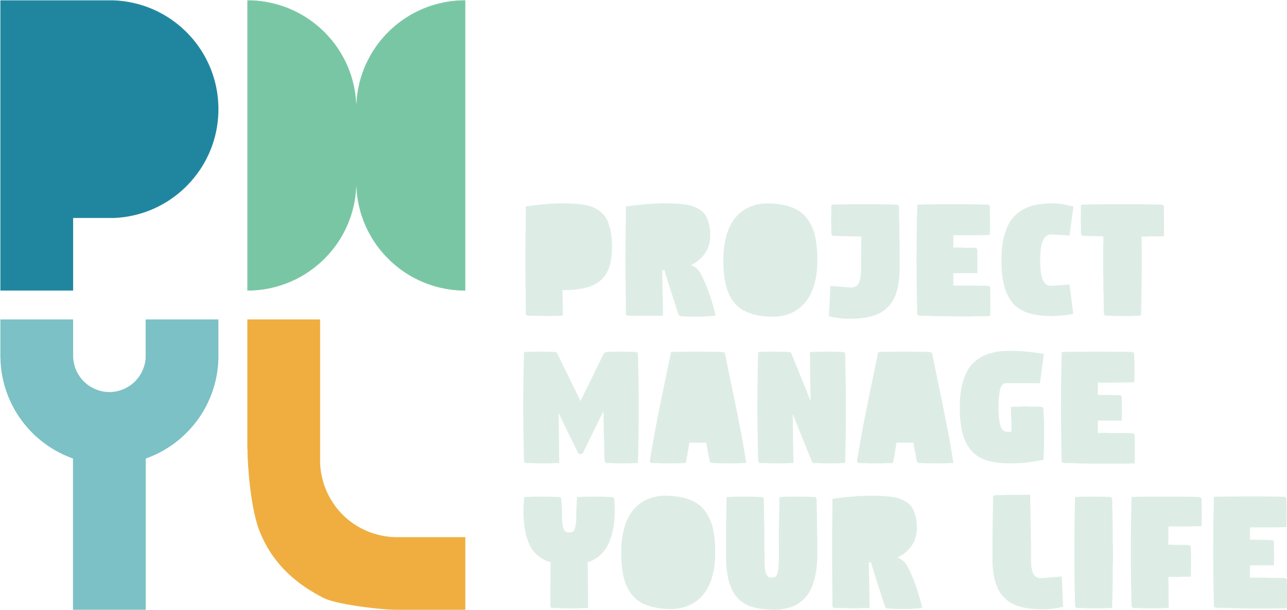 Colorful logo with the text 'Project Manage Your Life' next to a design of interconnected shapes resembling the letters P M Q L.