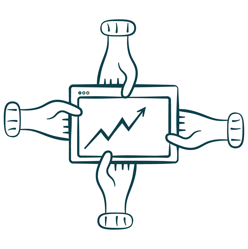 Four hands holding a tablet with an upward trending graph, symbolizing teamwork and growth.