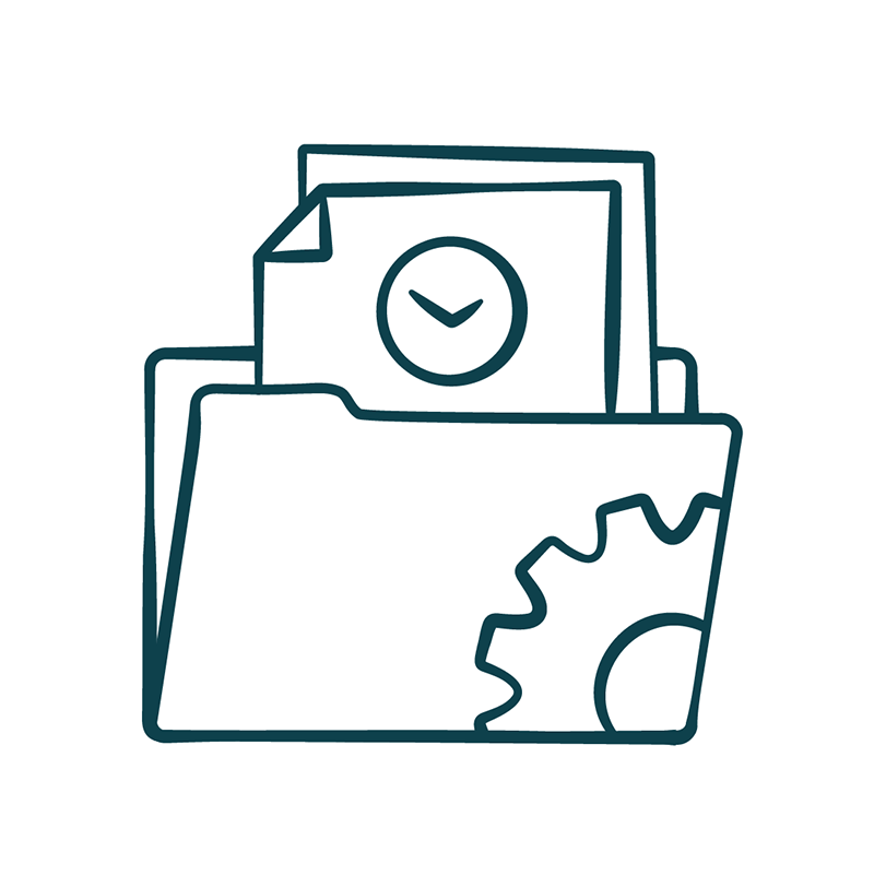 Illustration of a folder containing documents, a clock, and a gear.