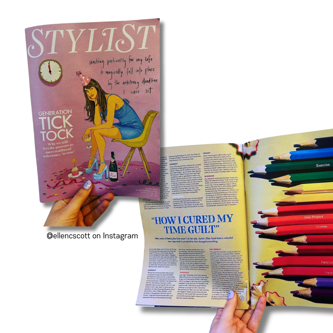 Person holding a Stylist magazine featuring an article titled "Generation Tick Tock." The cover illustration shows a woman sitting in a chair with party decorations. The open pages display an article titled "How I Cured My Time Guilt" alongside an image of colored pencils labeled with tasks like 'Exercise' and 'Chores.'