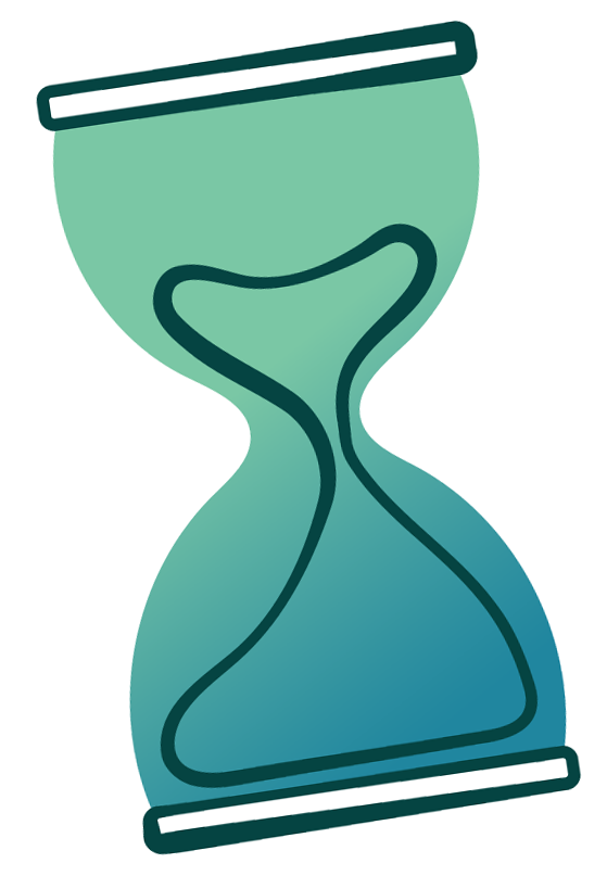 Stylized digital illustration of an hourglass with modern, abstract design and shades of green and blue.