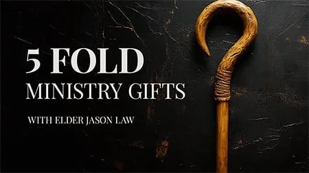 Elegant black background with gold-colored shepherd's crook and text about '5 Fold Ministry Gifts with Elder Jason Law'.