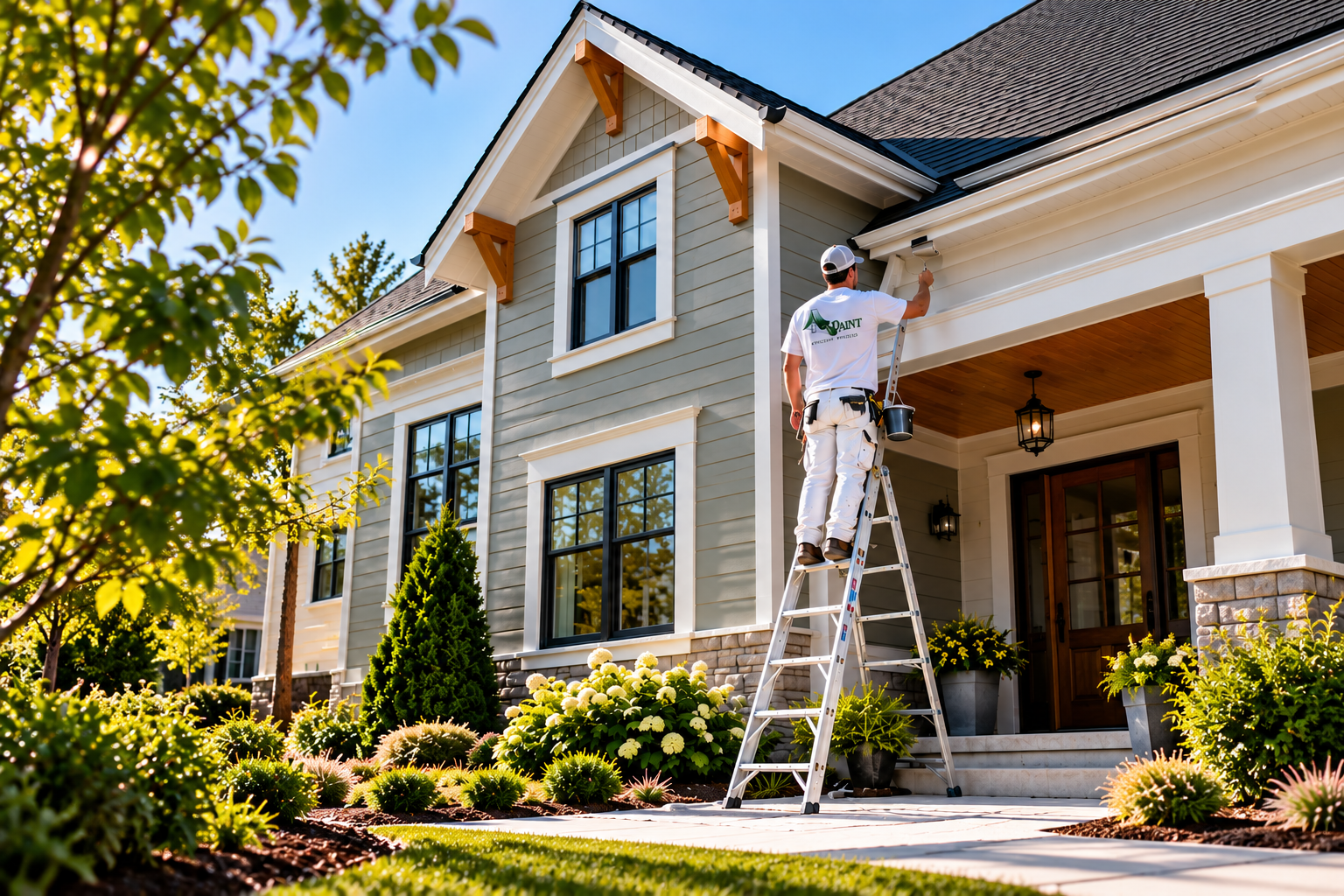 House painter applying fresh white paint to exterior trim on a craftsman-style home with gray-green siding, illustrating residential painting services in Southern Indiana.