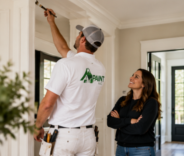 Professional residential painter carefully painting interior trim while a smiling homeowner observes the work inside her home.