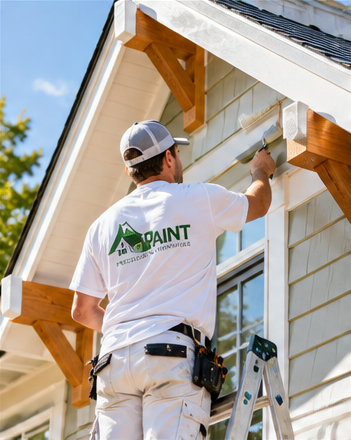 Professional exterior house painter applying paint to siding and trim on a craftsman-style home, showcasing residential painting expertise.
