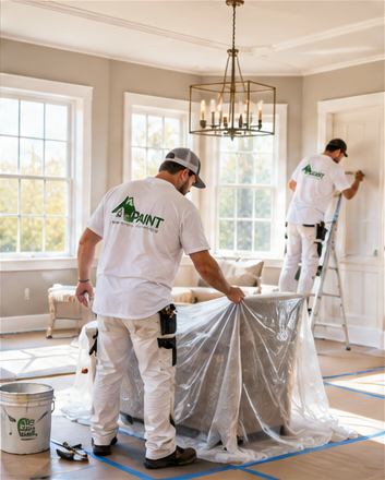 PAINT LLC residential painters preparing and painting a bright living room with protected furniture and flooring.