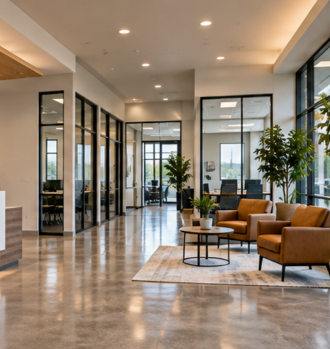 Modern commercial office reception area with professionally finished interior walls, glass offices, and contemporary furnishings, illustrating commercial painting services.