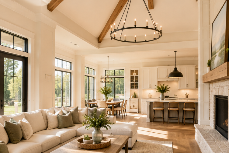 Beautiful residential living room with professionally finished walls, white trim, and an open kitchen, illustrating interior house painting.