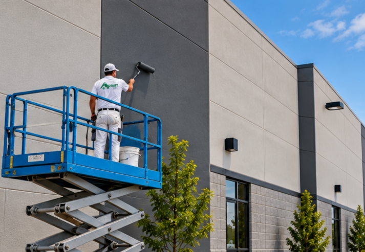 Commercial painting contractor using a scissor lift to apply exterior paint to a large commercial building, illustrating professional exterior painting services.