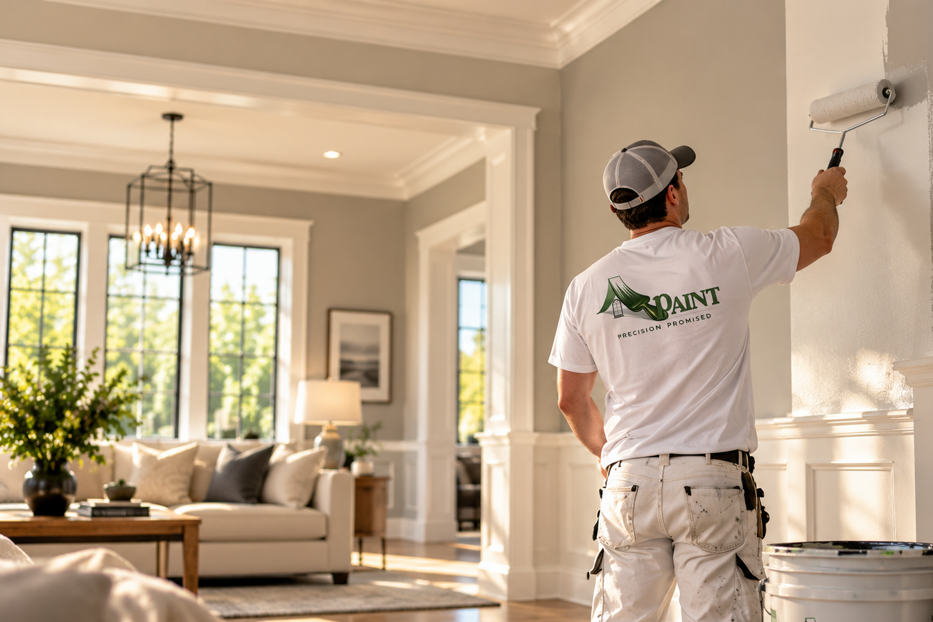 Professional house painter applying a fresh coat of paint to an interior living room wall with detailed trim and elegant finishes.