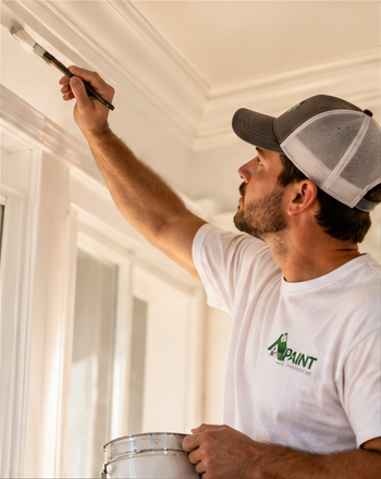 Professional house painter carefully applying paint to interior crown molding, demonstrating precision trim painting and craftsmanship.