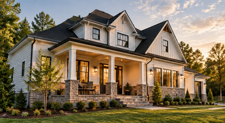 Beautiful craftsman-style home with white siding, detailed exterior trim, and landscaped front porch, showcasing residential exterior painting finishes.