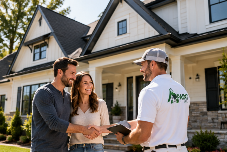 Friendly painting contractor discussing a residential painting project with smiling homeowners outside a beautiful house.