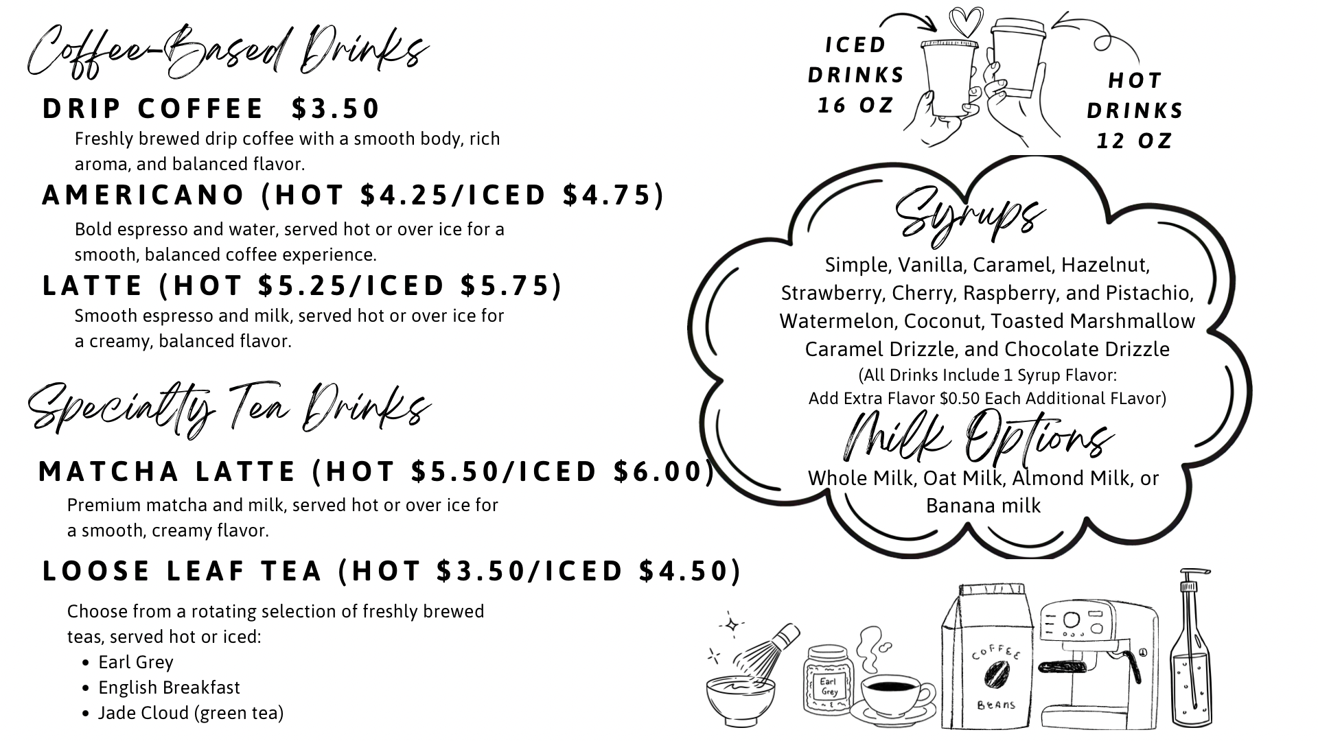 Menu listing coffee-based drinks with descriptions, prices, and options for syrups and milk choices, along with illustrations of drinks and coffee-making equipment.