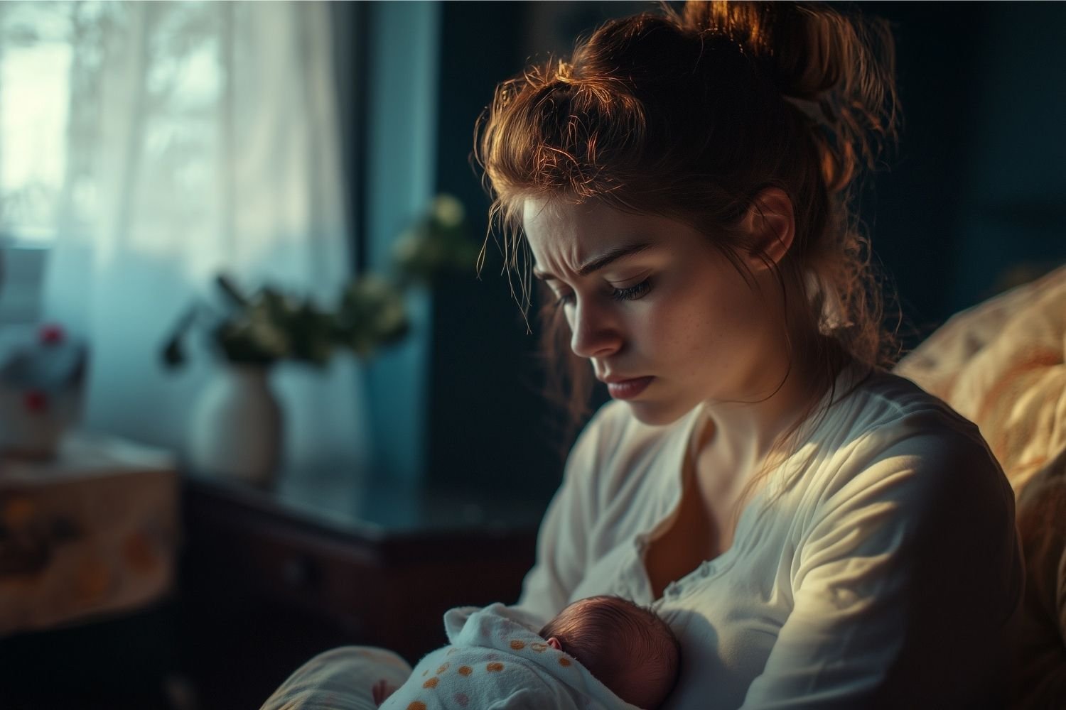 Mother holding her newborn while experiencing emotional distress, representing perinatal OCD, postpartum anxiety, and maternal mental health challenges.