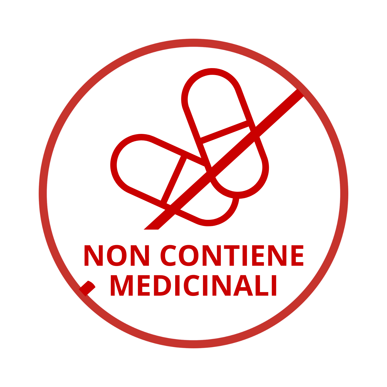 Simbolo di divieto di pillole, con testo in italiano "Non contiene medicinali".